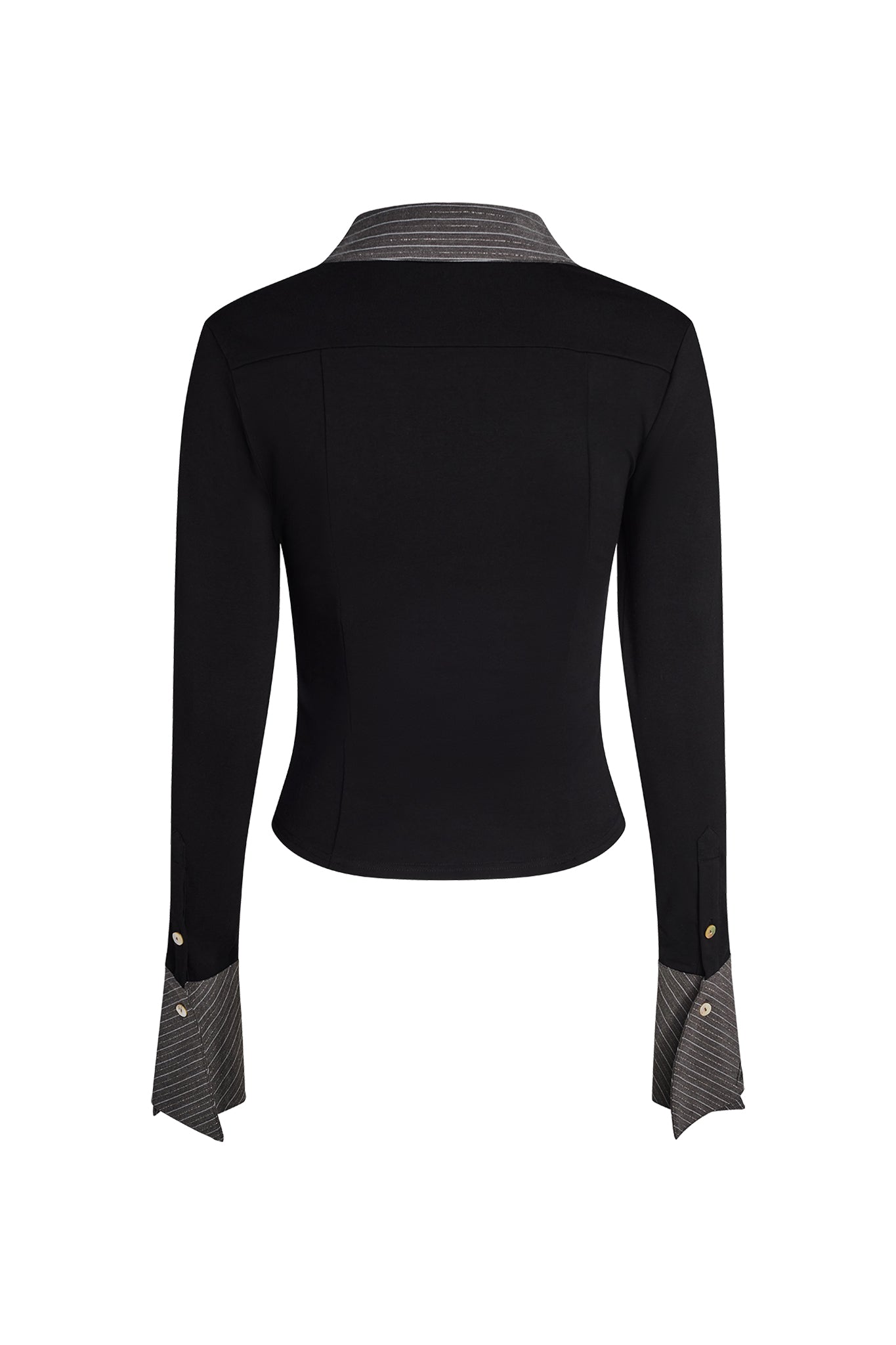 The image showcases an I.AM.GIA SHARAH Top in black and grey, featuring pinstripe cuffs and collar. The cuffs are adorned with golden buttons, adding a touch of elegance to the simple yet sophisticated design.