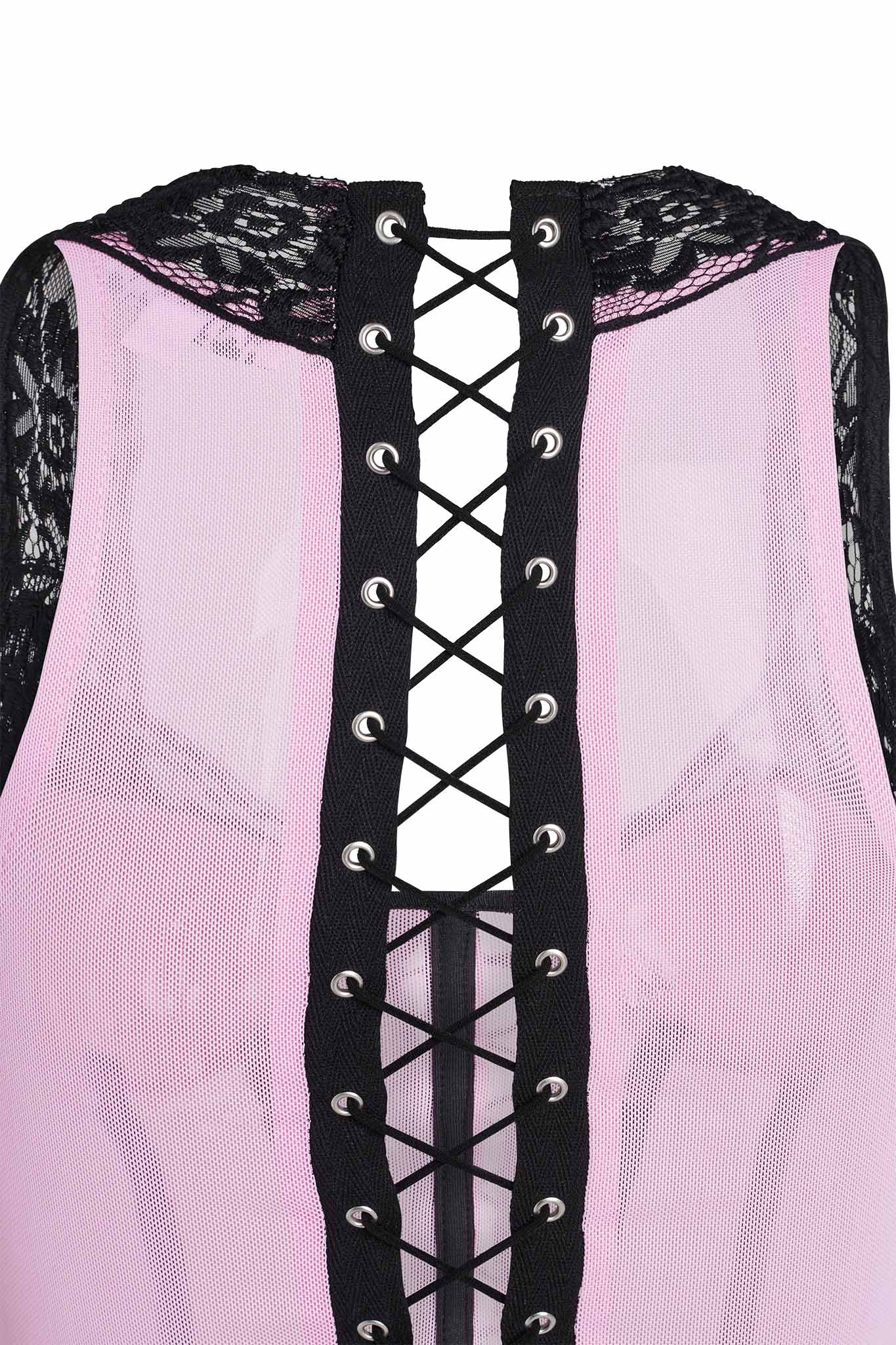Close-up of the I.AM.GIA SUTRA CORSET in pink mesh with black lace trim along the neckline and armholes. The back showcases black crisscross lacing threaded through metal eyelets running vertically down the center.