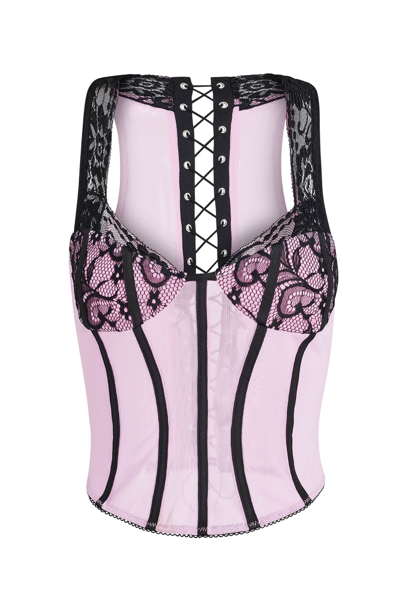 The SUTRA CORSET - PINK by I.AM.GIA features vertical boning and a lace-up front detail. The bust boasts a floral lace pattern, while the back showcases lace inserts. This sheer creation, with structured, contrasting black lines, offers a defined, elegant look.