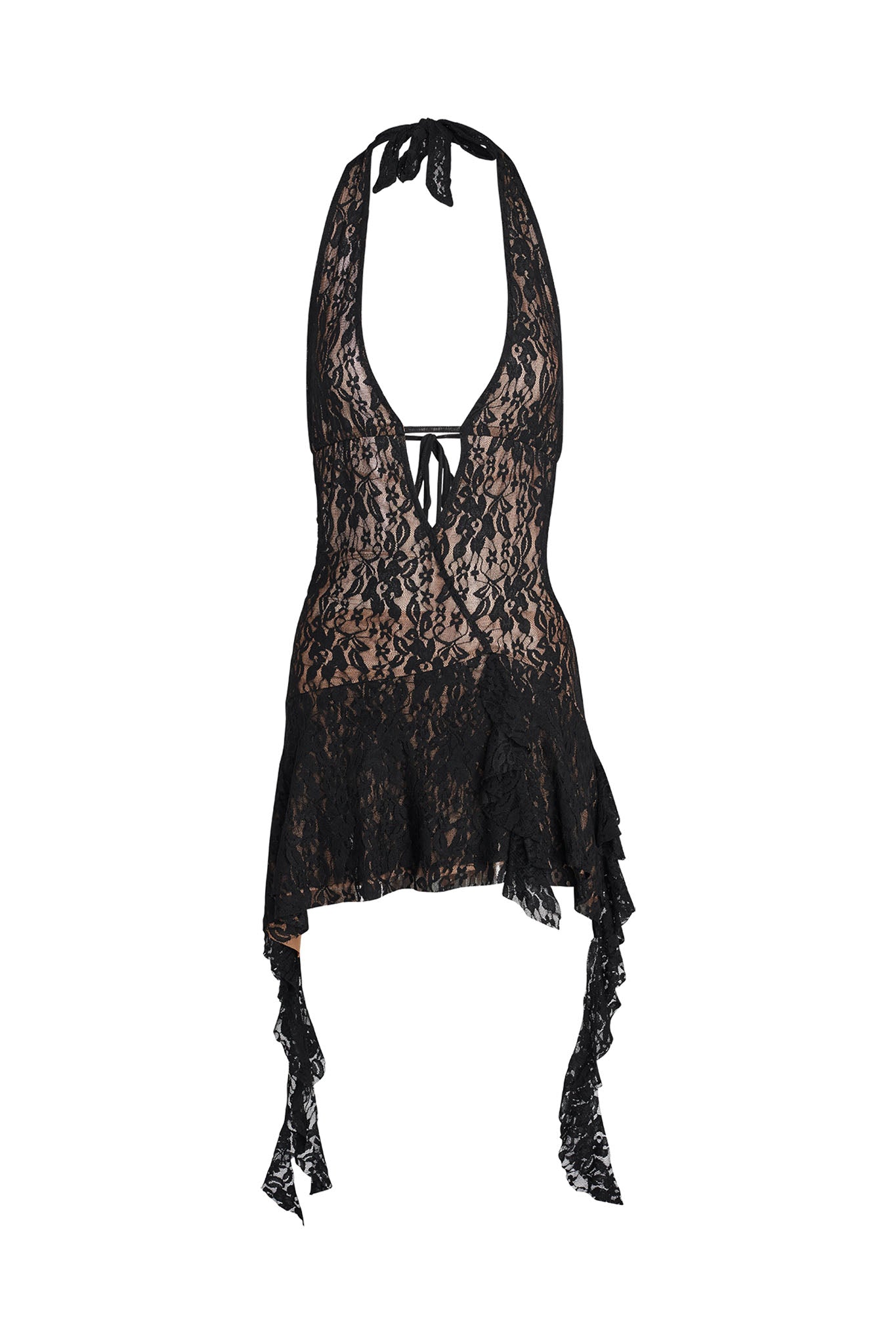 The IRISIA LACE DRESS - BLACK by I.AM.GIA is a stunning lace halter dress that features a deep V-neckline, tie-front detail, and an asymmetrical ruffled hem adorned with flowing lace accents. This semi-transparent dress showcases an intricate floral lace pattern and boasts a backless design for added allure.