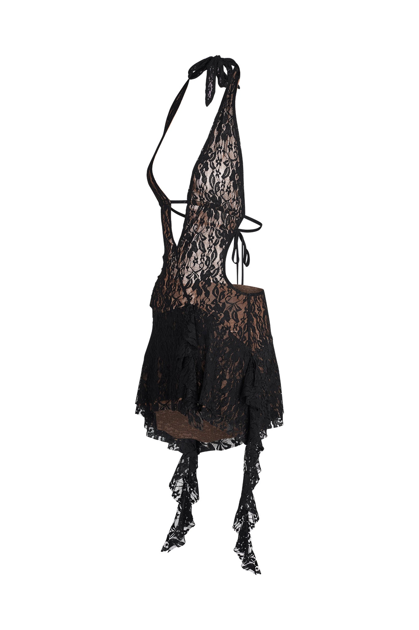 The IRISIA LACE DRESS - BLACK by I.AM.GIA is a stunning mini-length dress adorned with intricate floral patterns and a halter neckline. It features a backless design with tie closures and an asymmetrical, jagged trim at the hem, creating a delicate and stylish look.