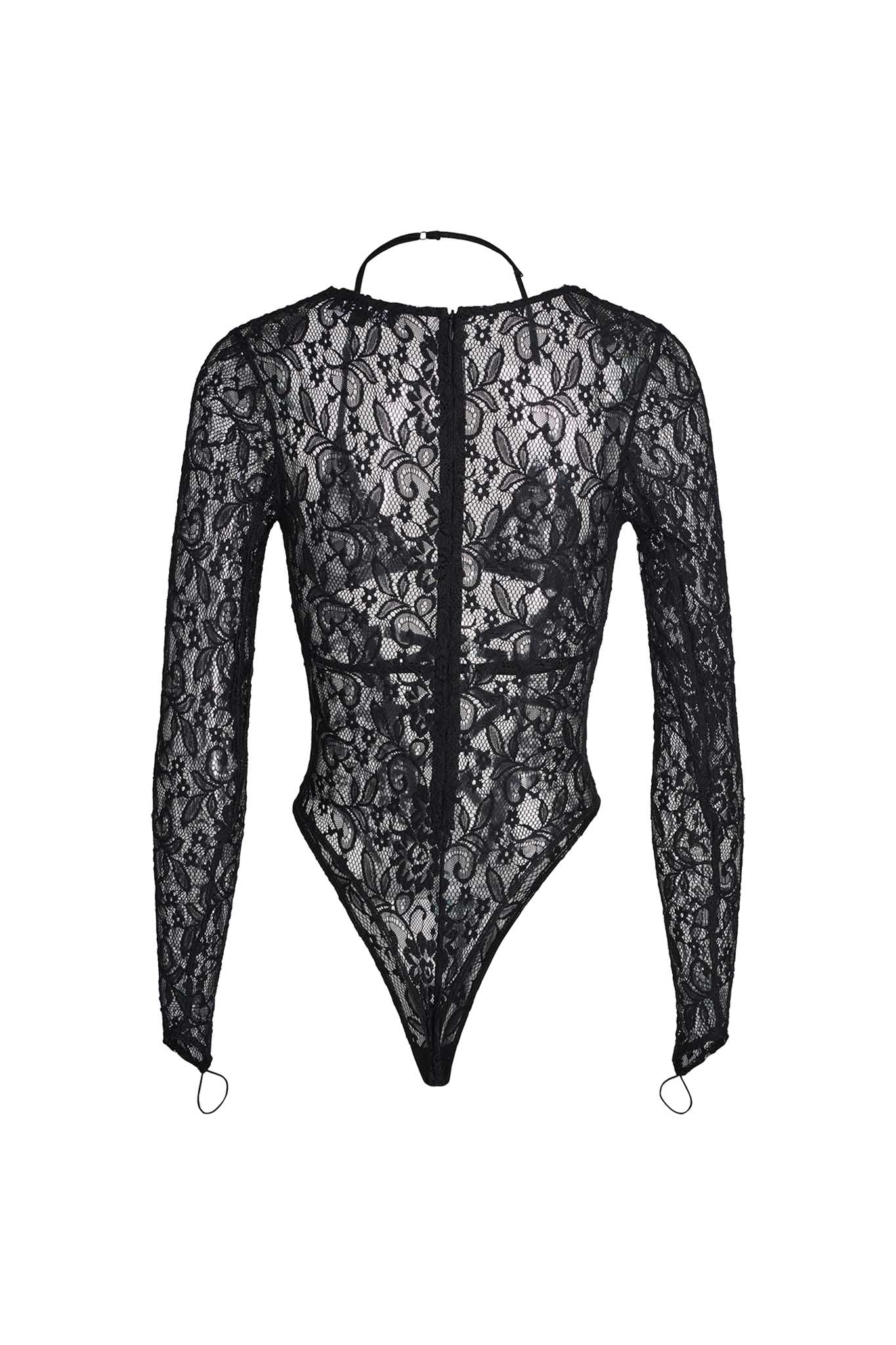 The AIRO TWO PIECE BODYSUIT - BLACK by I.AM.GIA is designed with intricate floral patterns. This garment features a high neckline, delicate lace fabric, and back closure. Its semi-transparent material offers an elegant, stylish look perfect for any occasion.
