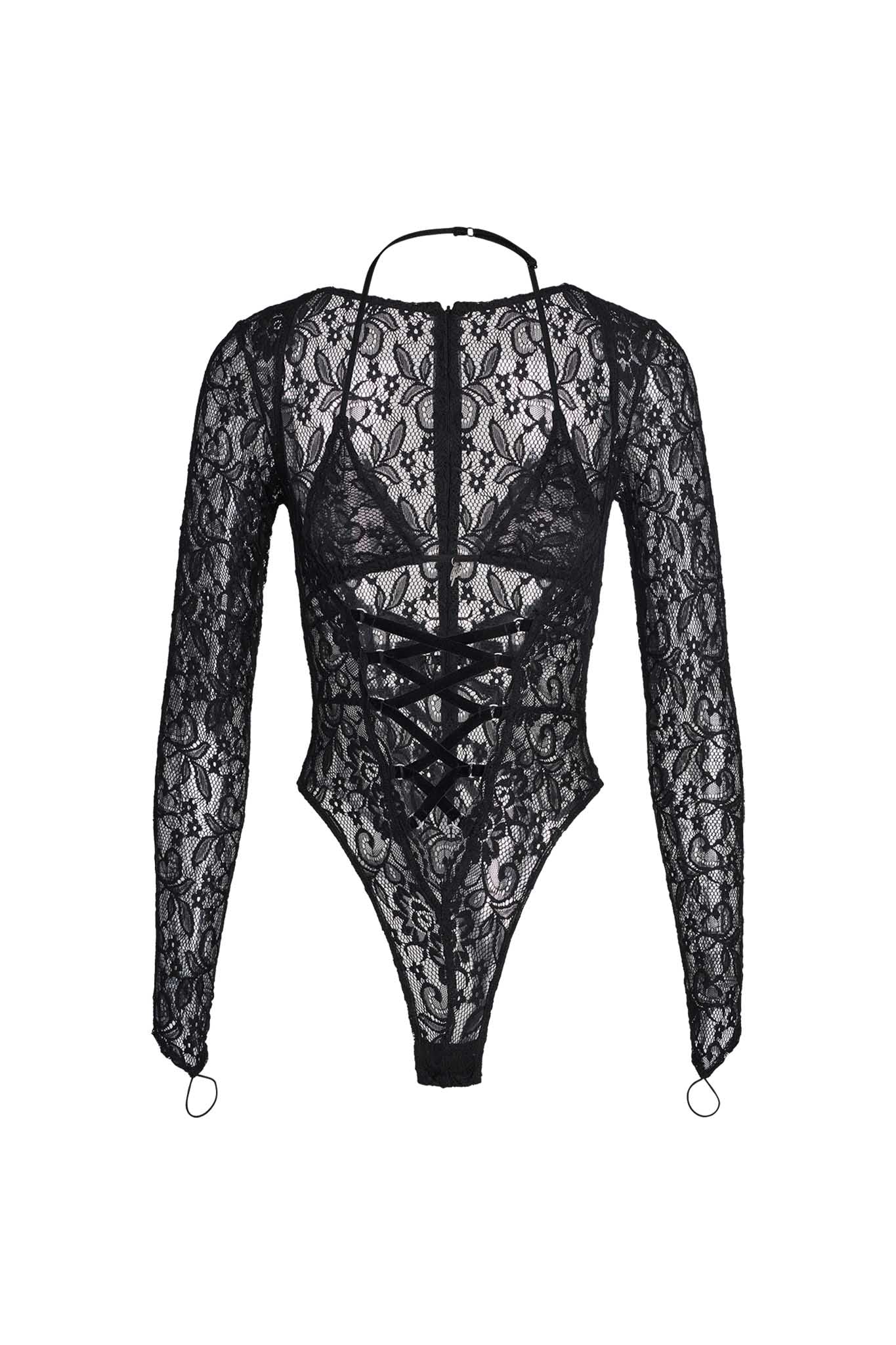 The AIRO TWO PIECE BODYSUIT - BLACK by I.AM.GIA features a black lace design with long sleeves, a zipper back, and intricate floral patterns. The bodysuit includes a deep V-cut front with crisscross lacing for an elegant and detailed look. Wrist sleeve loops contribute an extra touch of style.