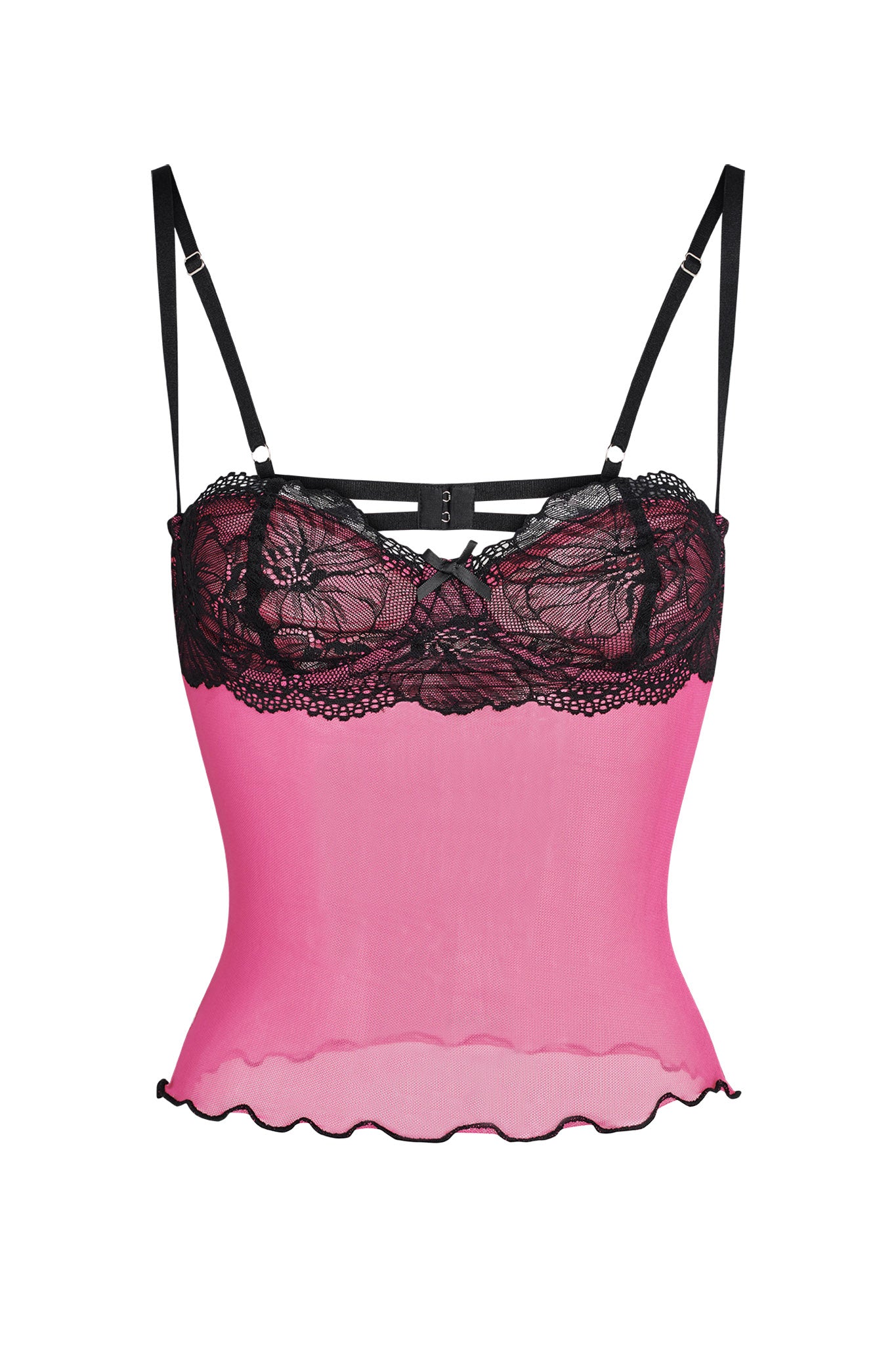 Introducing the I.AM.GIA SILO TOP - PINK: a delicate pink camisole with adjustable black straps. The upper section showcases a black lace bustier adorned with intricate floral patterns, while the bottom edge features a wavy hemline. Crafted from lightweight, sheer fabric, this top highlights the exquisite mesh design perfectly.