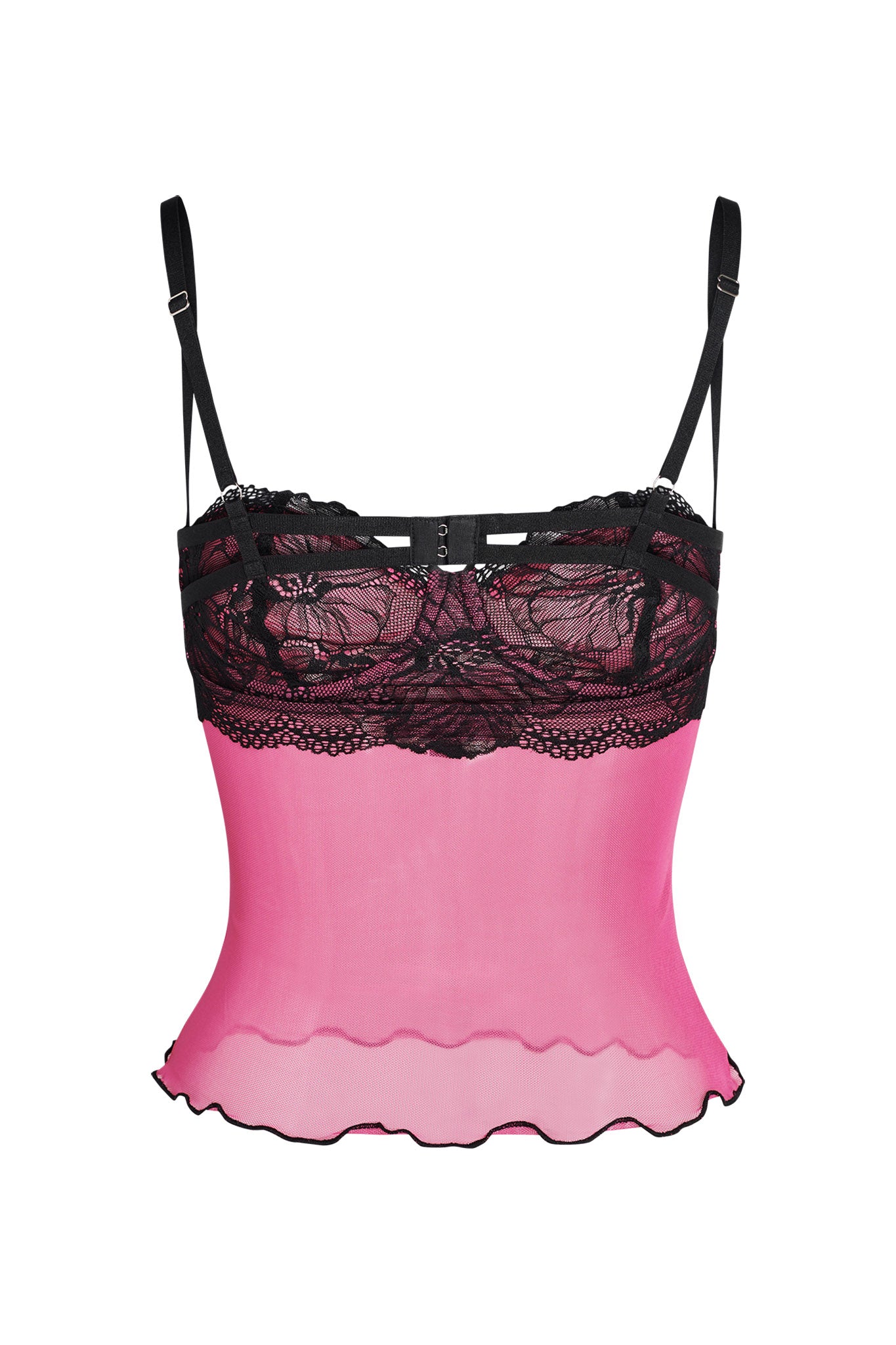 The SILO TOP - PINK by I.AM.GIA is a vibrant pink camisole adorned with black lace detailing on the bust and adjustable black straps. The hemline is slightly ruffled, adding a delicate and elegant touch to this chic garment.