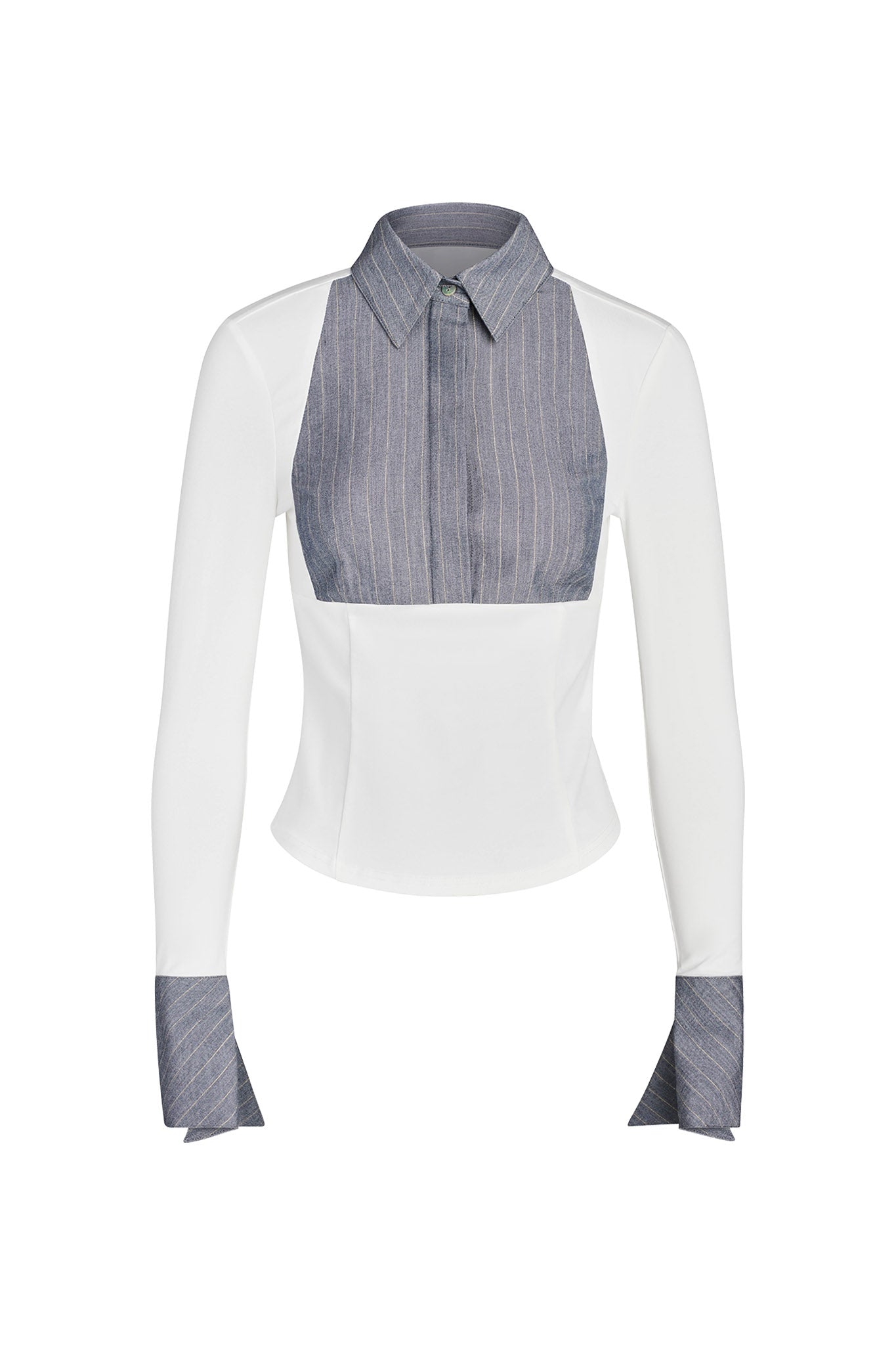 The SHARAH TOP - WHITE by I.AM.GIA is a long-sleeve women's blouse with a distinctive design, featuring a white body and sleeves contrasted by grey pinstriped fabric on the upper chest, collar, and cuffs. It has a semi-fitted silhouette and a front zipper closure concealed by the grey pinstriped fabric.