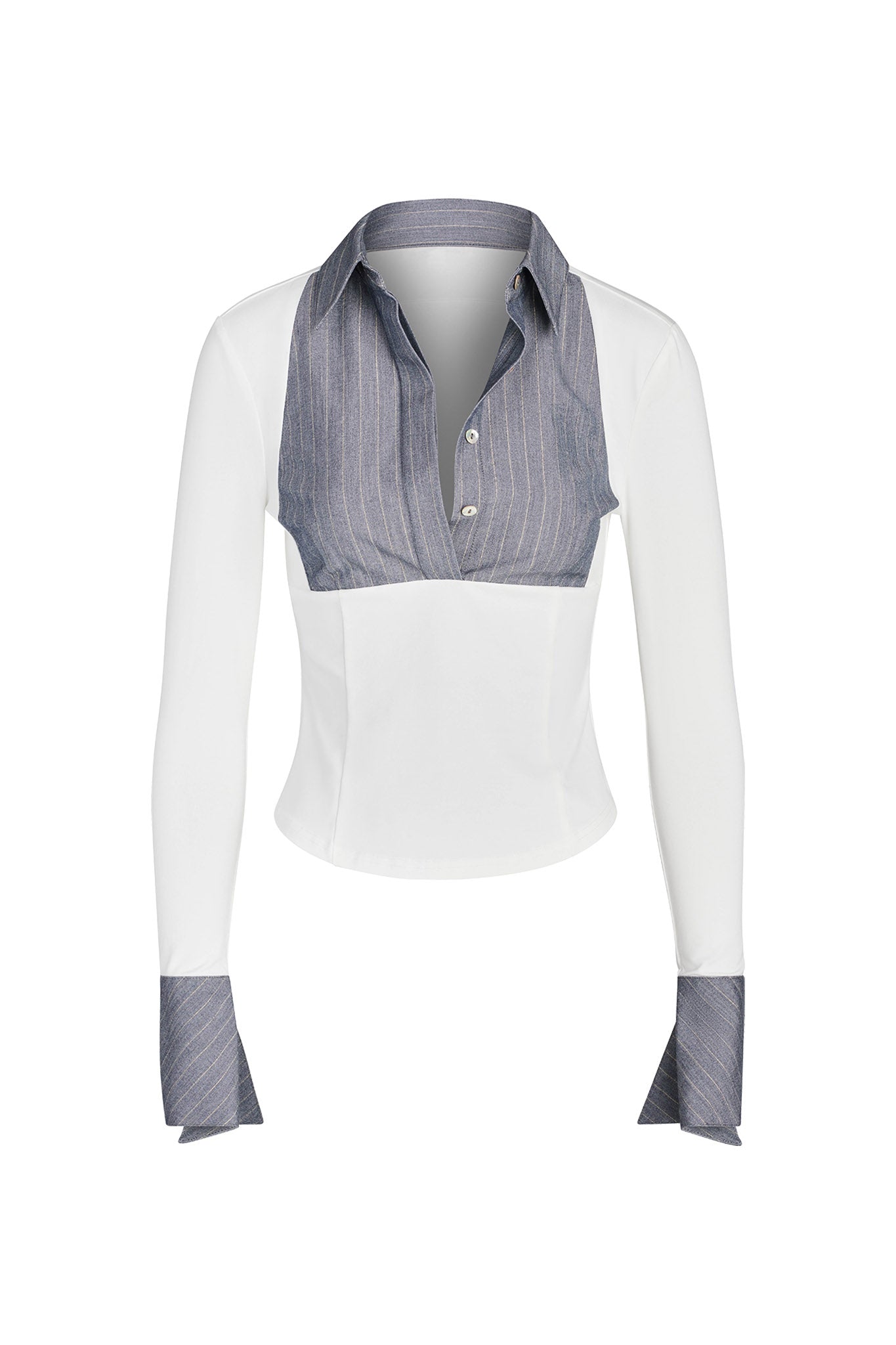 The SHARAH TOP - WHITE from I.AM.GIA is a fashionable long-sleeve blouse featuring a white body and sleeves, complemented by a pinstripe faux vest-like design on the chest and collar. The cuffs match the pinstripe pattern, adding a chic touch to this elegant, modern top.