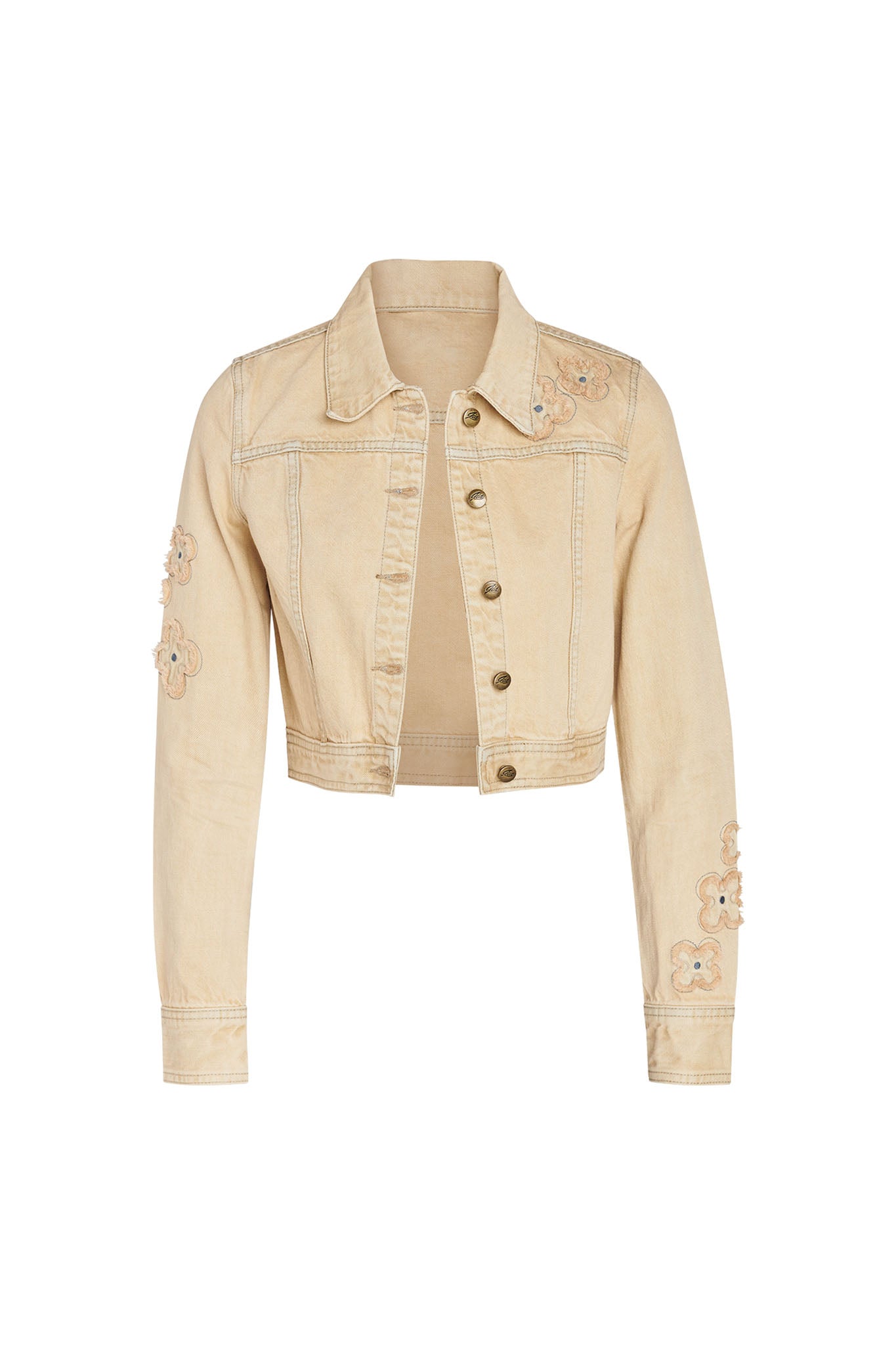 The FAUNA JACKET - BEIGE by I.AM.GIA is a tan denim jacket adorned with floral embroidery on the shoulders, sleeves, and hem. This jacket features a button-down front, long sleeves, a fold-down collar, and chest pockets for a casual yet stylish look.