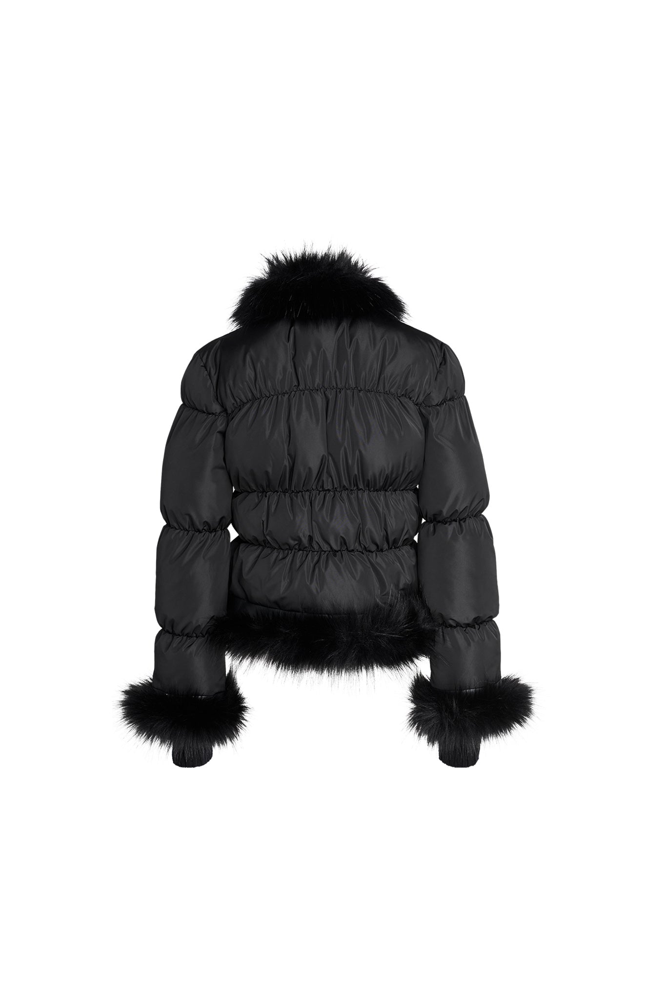 The BILLIE JACKET - BLACK by I.AM.GIA is a black puffer jacket featuring fluffy fur trim on the collar, cuffs, and hem. The jacket boasts a quilted design and is made of a shiny material, presented against a plain white background.