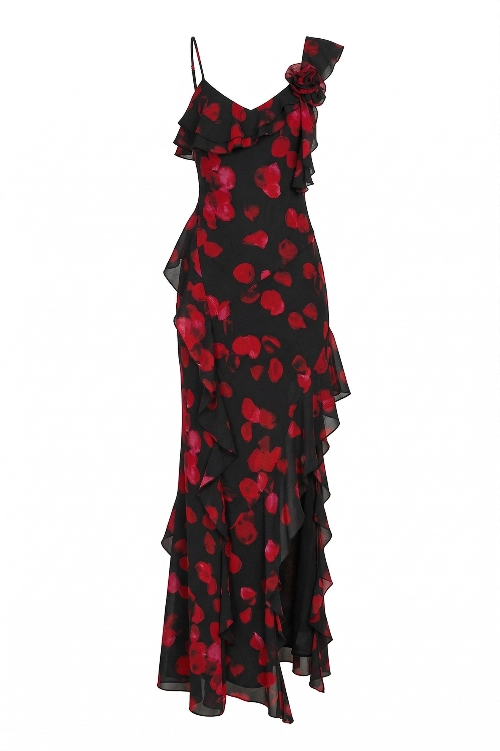 The JULIETTA MAXI DRESS - BLACK PRETTY PETAL by I.AM.GIA is a black maxi dress with a rose petal print, featuring one-shoulder ruffle details, a thin strap, and a decorative flower accent for an elegant look.
