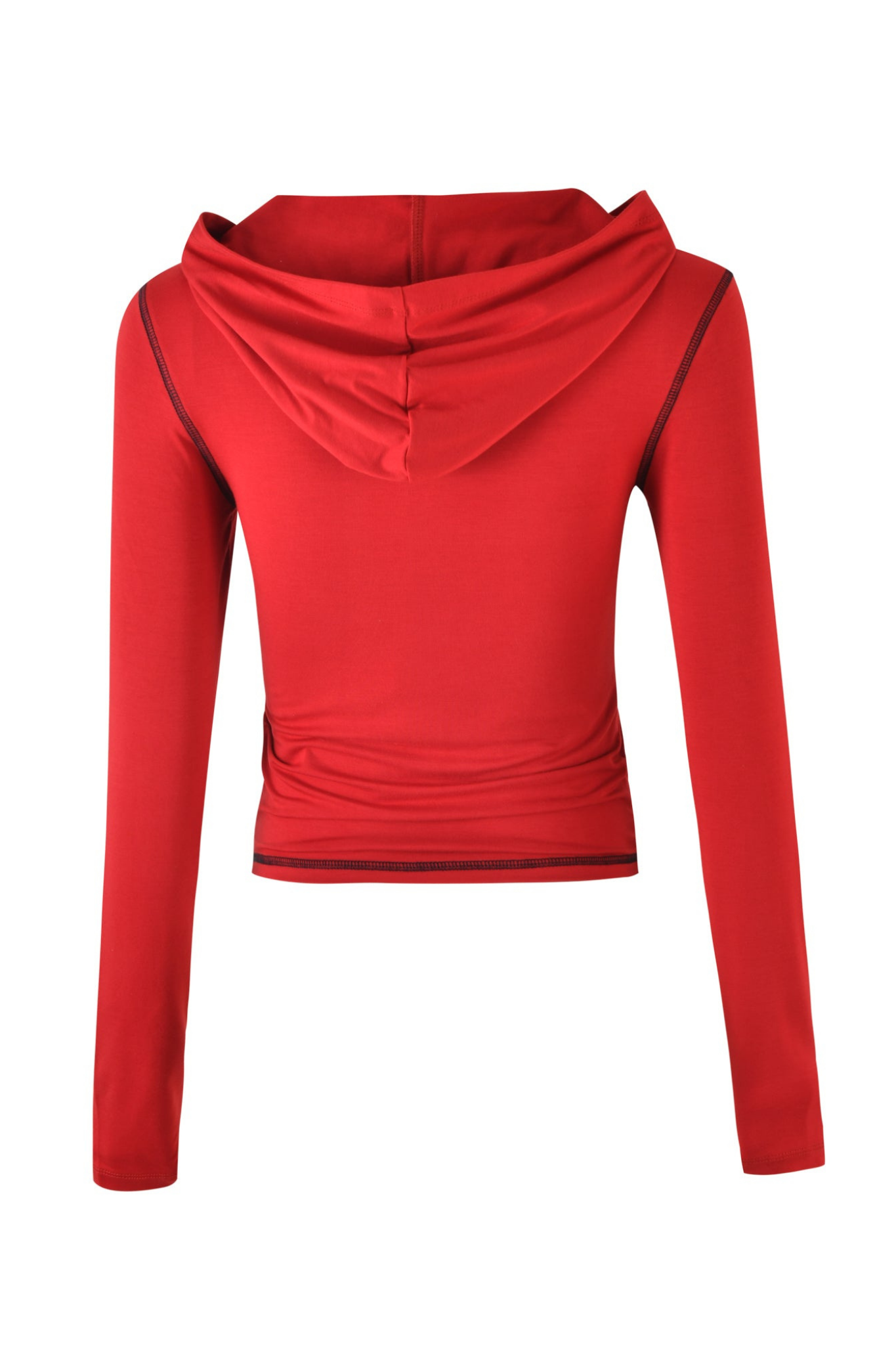 The BLARE HOODIE - RED by I.AM.GIA is pictured from the back, showcasing its long sleeves, hooded design, black seam details, and figure-hugging crop fit.