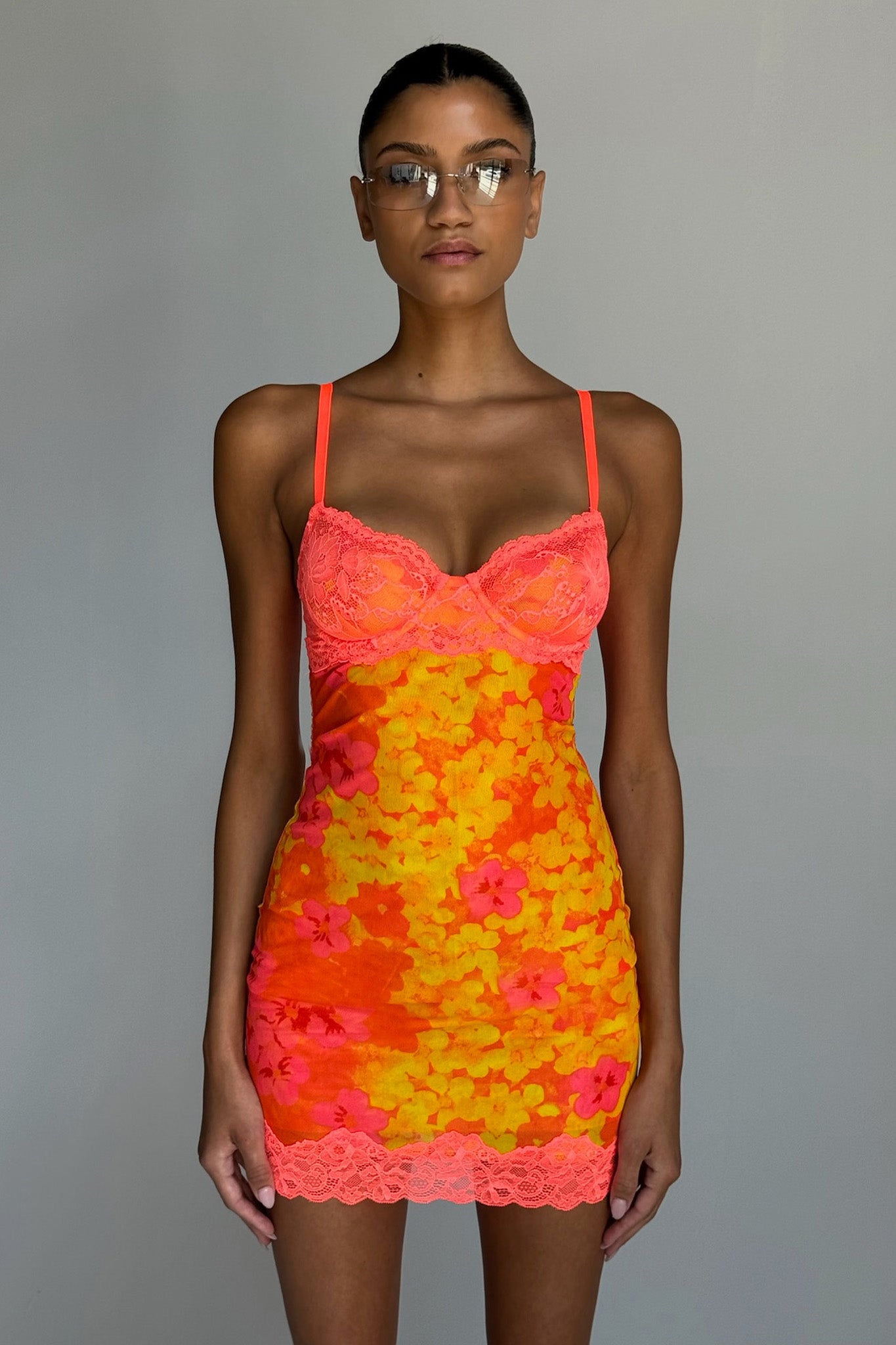 CALYPSO MINI DRESS - ORANGE : NEON FLORAL CALYPSO MINI DRESS - ORANGE : NEON FLORAL