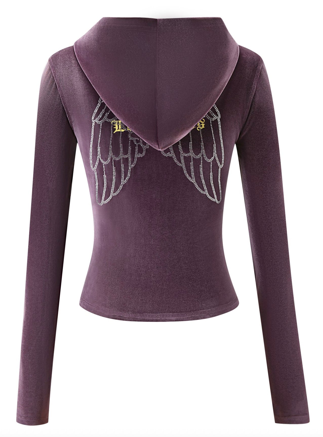 The BLARE VELOUR POCKET HOODIE by I.AM.GIA features a fitted, long-sleeve purple design with embroidered silver angel wings and a gold GIA script logo on the back, shown against a white background.