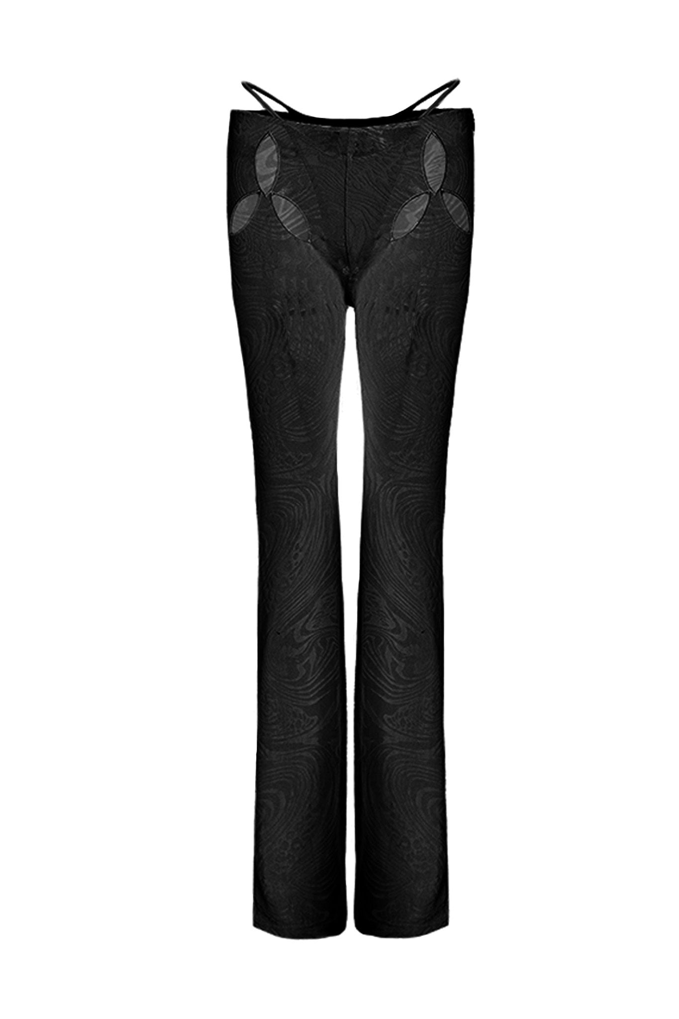 A pair of AMINA PANT - BLACK BURNOUT from I.AM.GIA featuring a decorative pattern and cutout detailing on the sides of the waistband. These sleek, high-waisted, flared pants showcase a fabric with a subtle, swirling texture.
