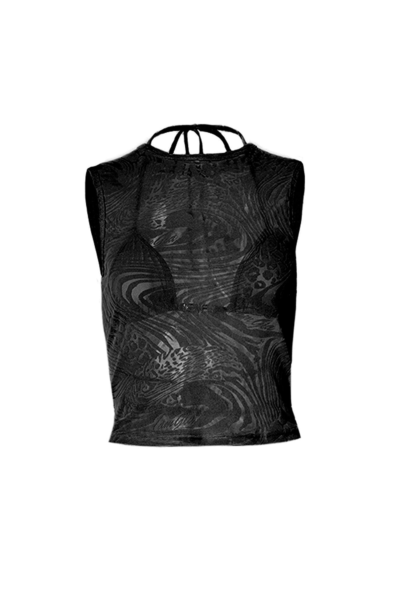 The AMINA TOP - BLACK BURNOUT from I.AM.GIA is a black, sleeveless sheer mesh top featuring an abstract swirl pattern and a high neckline. The back has a keyhole cutout with thin straps, displayed on a white background.