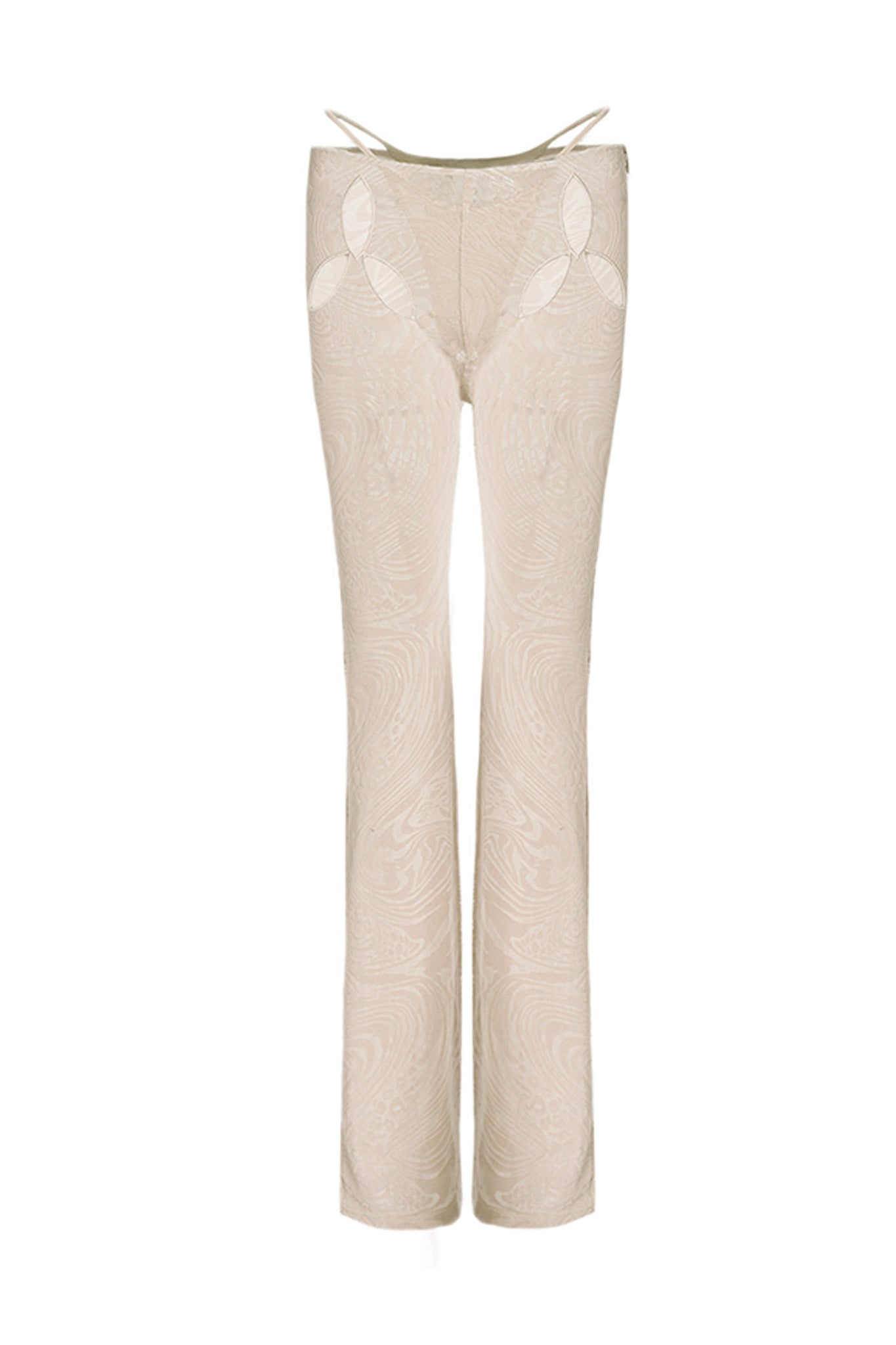 This is the AMINA PANT - TAN BURNOUT from I.AM.GIA, high-waisted pants featuring a fitted and flared design in a beige hue. The pants showcase intricate lace patterns and cut-out details near the waistband.