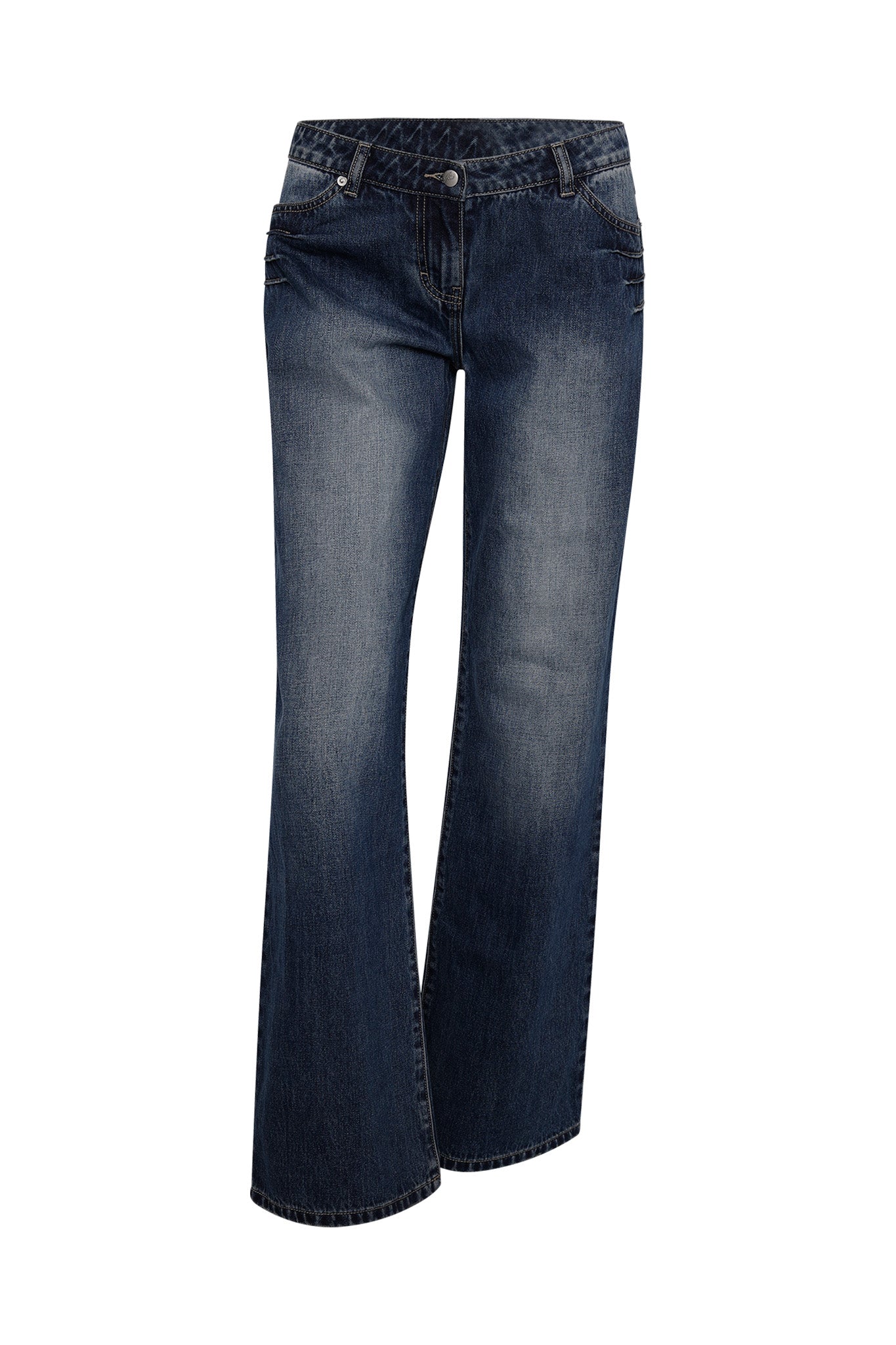 A pair of DYLAN JEAN - BLUE : DARK BLUE from I.AM.GIA with a slight flare at the bottom. The jeans feature a button and zipper closure, front pockets, and a faded wash effect on the thighs and knees. They are displayed against a white background.