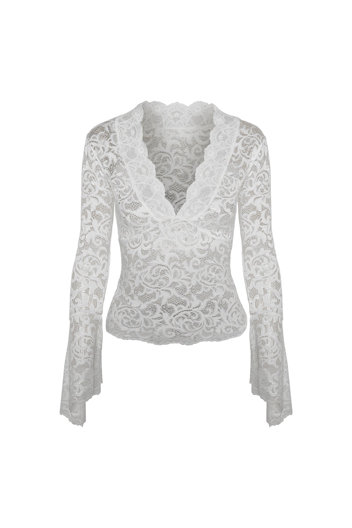 The GEMMA TOP - WHITE by I.AM.GIA showcases long, slightly flared sleeves and a deep V-neck. Featuring a delicate floral pattern that adds a romantic touch, its scalloped hemline and sleeves enhance the top's elegant and feminine design.