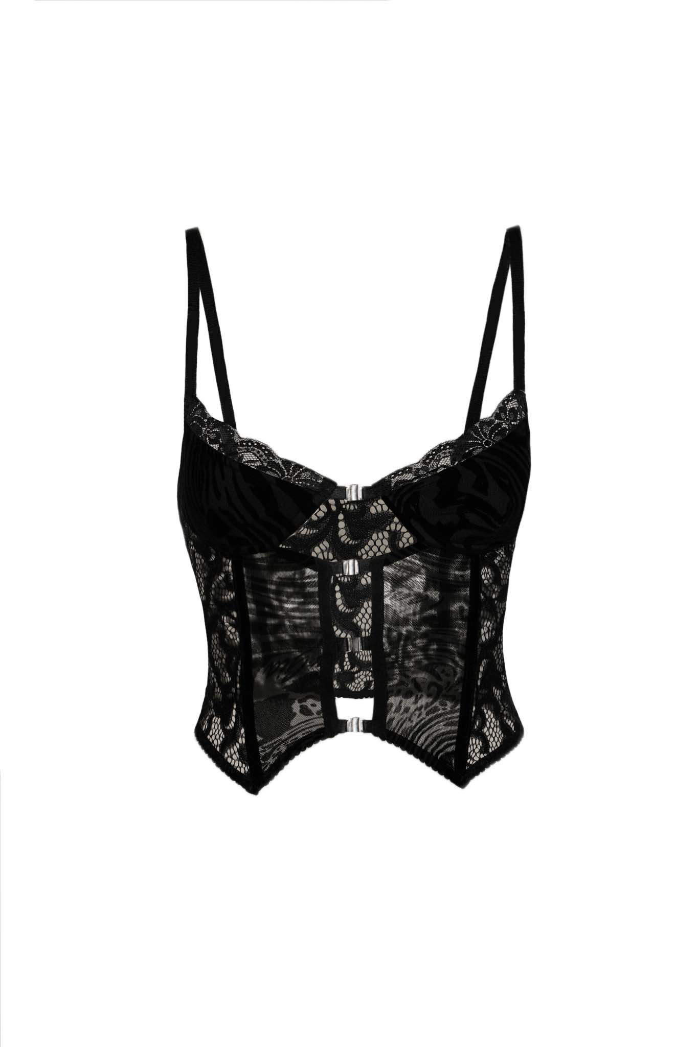 The I.AM.GIA ELENA TOP - BLACK BURNOUT features an intricate floral lace design and sheer panels, creating a delicate and see-through look. With an underwire structure for support and a slightly scalloped hemline, it embodies both elegance and allure.