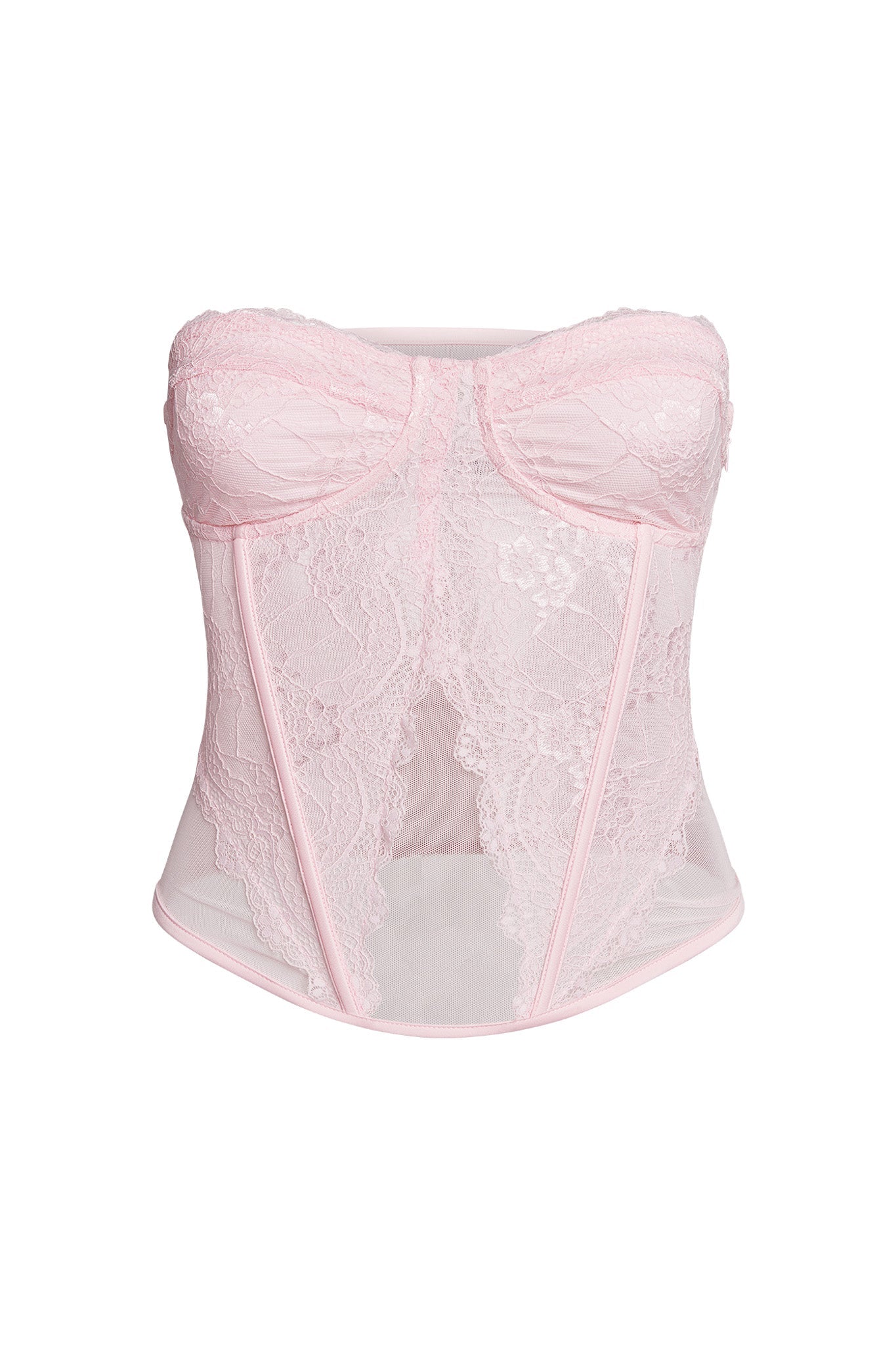 The DEMIE CORSET from I.AM.GIA in pastel pink features a strapless sweetheart neckline, intricate floral lace patterns, sheer panels, and boning for structure. This elegant and delicate bodycon fit design is perfect for intimate or special occasions.