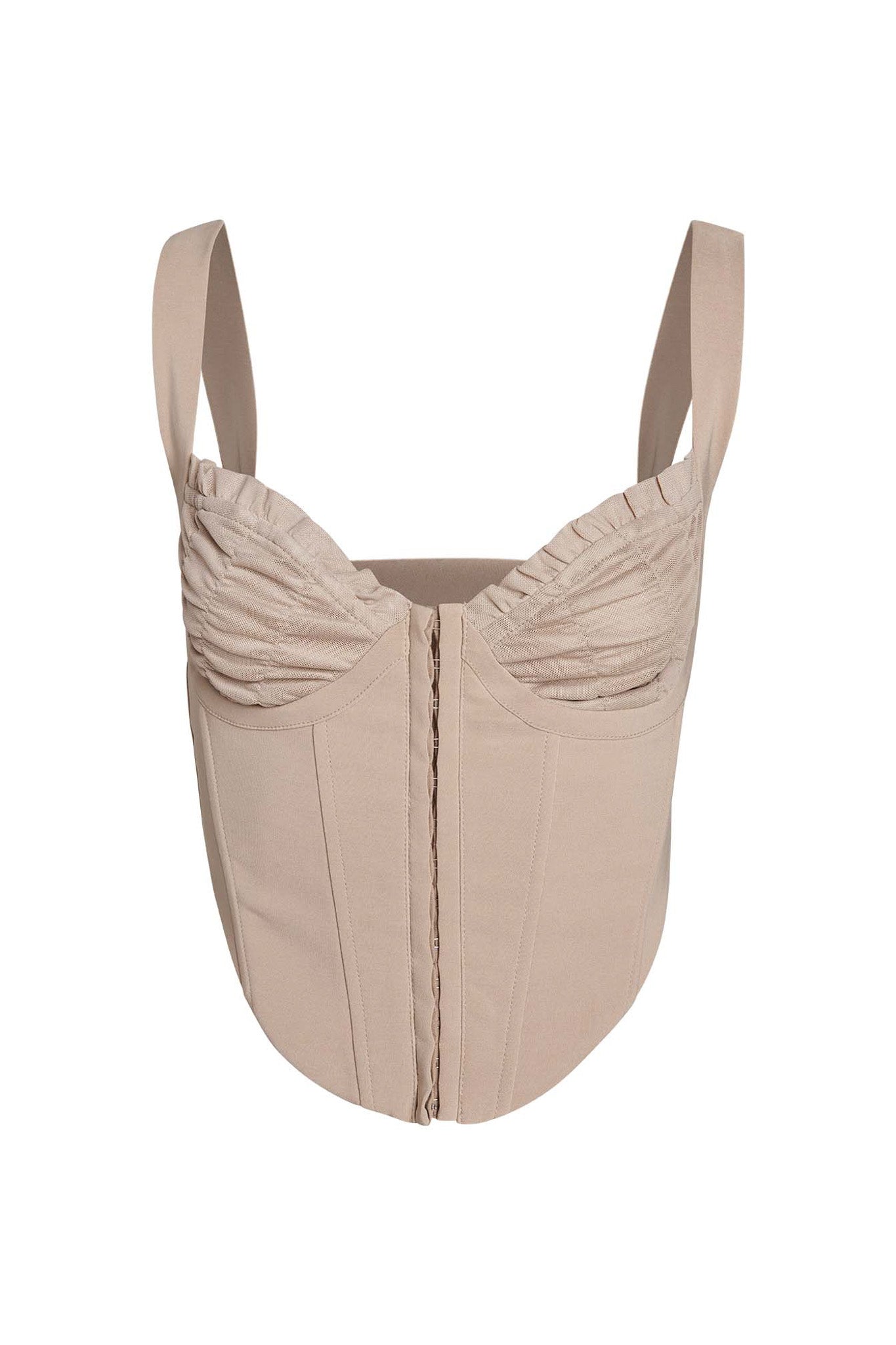 The BRI CORSET - NEUTRAL : TAN from I.AM.GIA is a beige, bustier-style top with ruched detailing on the cups and wide shoulder straps. It features a structured design with vertical seams and a front hook-and-eye closure.