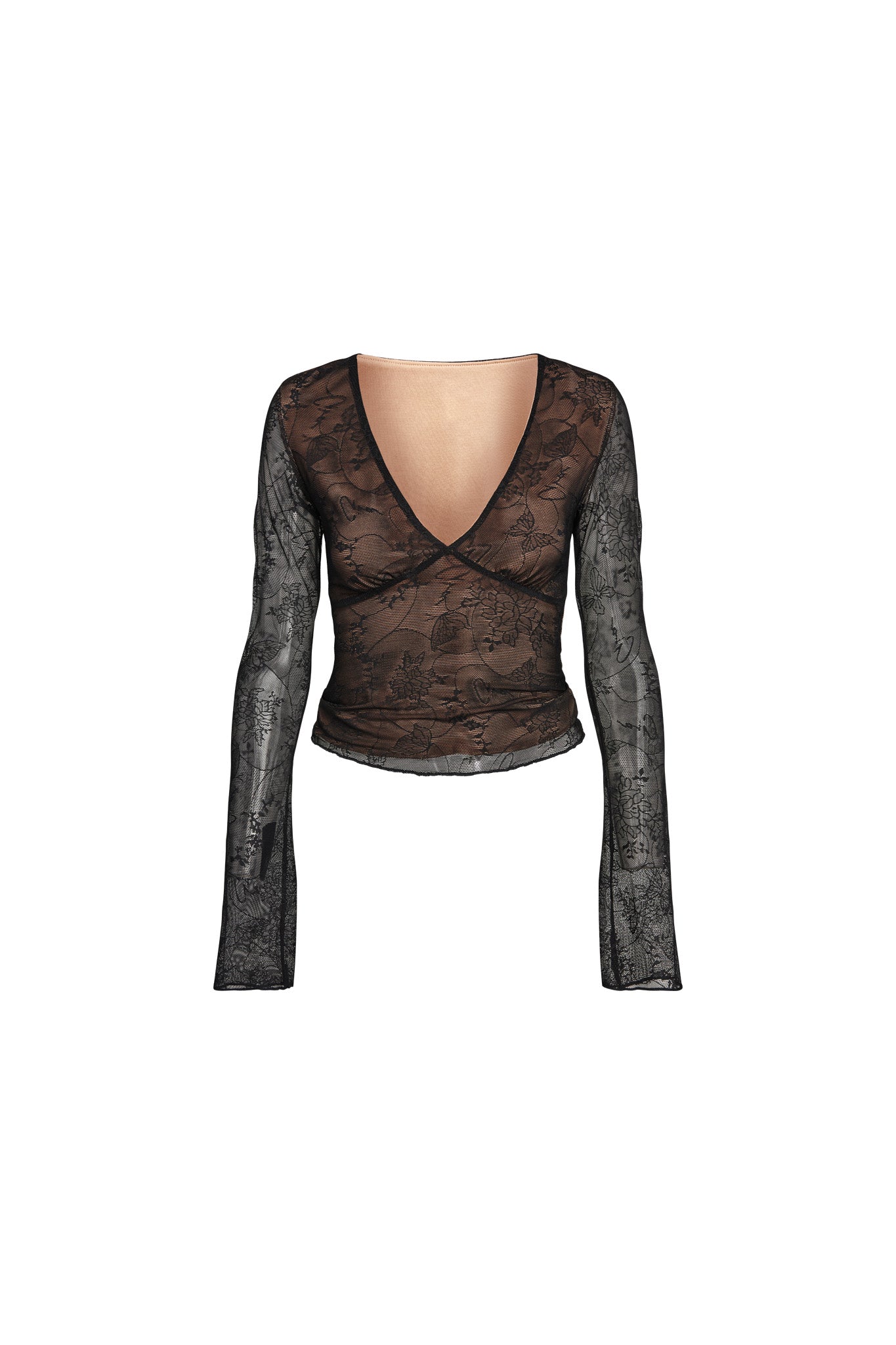 The YVETTE TOP - BLACK : BUTTERFLY LACE by I.AM.GIA is displayed against a plain white background, featuring a sheer long-sleeve design with a deep V-neckline. The fabric showcases an intricate floral lace pattern and delicate butterfly lace detailing.