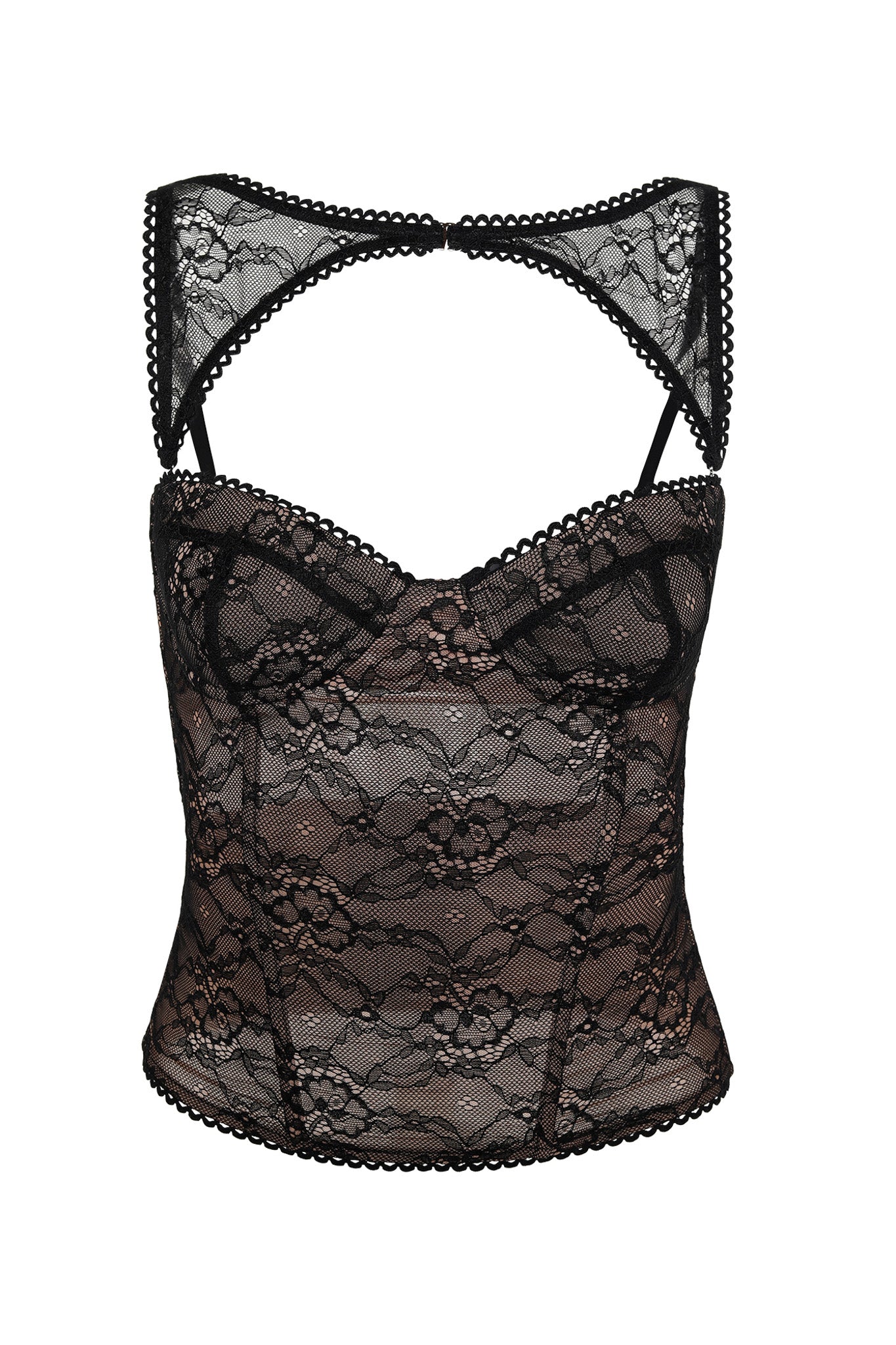 The KIANA BUSTIER - BLACK by I.AM.GIA is a black lace bustier corset featuring intricate floral patterns, adjustable shoulder straps, and a sweetheart neckline. The sheer material and structured design create a vintage-inspired, elegant look.