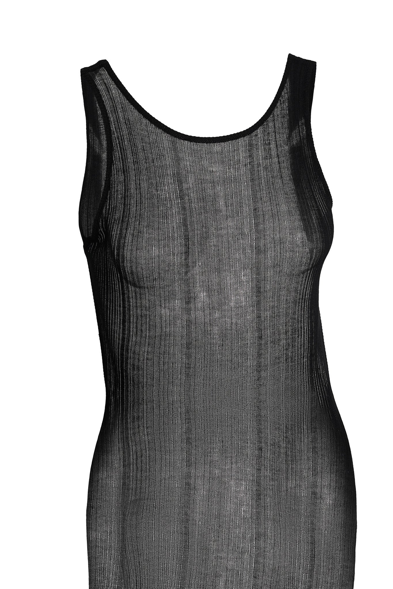 The LUMINARA DRESS - BLACK by I.AM.GIA is a sheer, sleeveless dress featuring a scoop neckline. Made from lightweight, see-through fabric with vertical lines, it embodies a minimalist and elegant design. The dress is showcased against a plain white background.