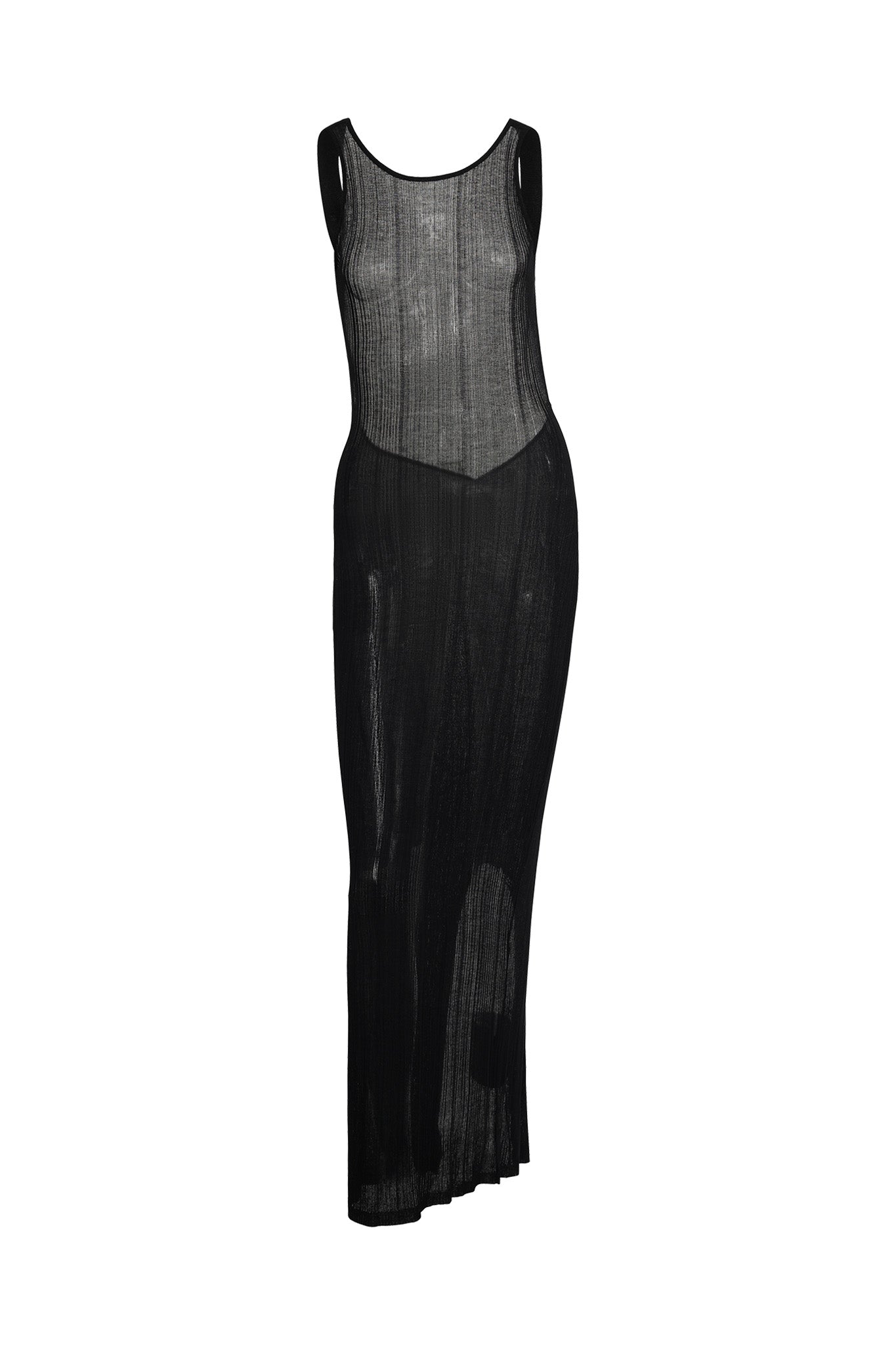 The LUMINARA DRESS - BLACK from I.AM.GIA is a sleeveless, sheer maxi dress with a scoop neckline and a form-fitting silhouette. Made from lightweight, semi-transparent fabric, it offers a delicate, ethereal appearance. The dress features an ankle-length hemline and hangs straight down.