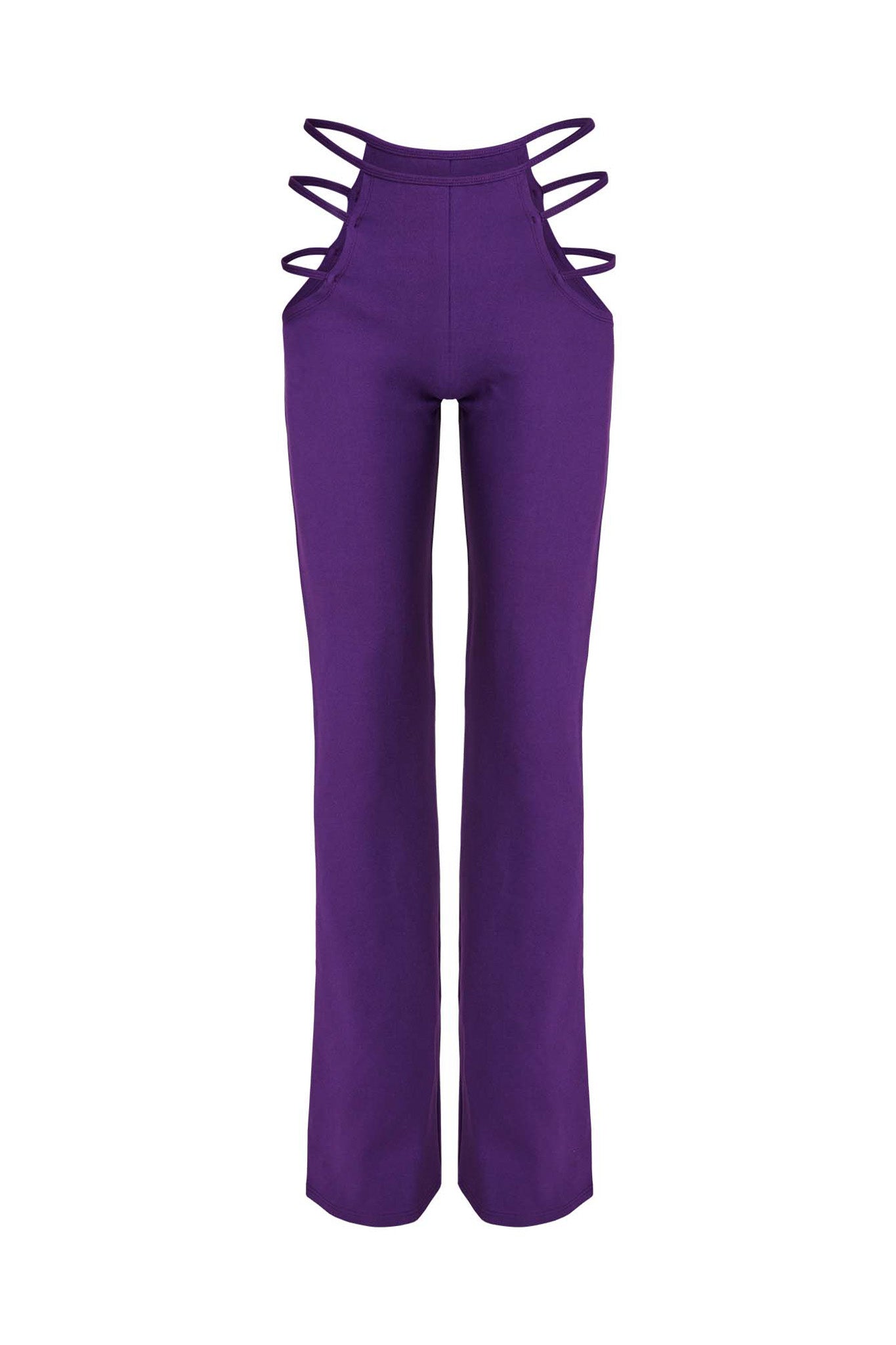 The LUCID PANT - PURPLE by I.AM.GIA is a pair of high-waisted, vibrant purple pants featuring a unique strappy design at the waist. These pants have wide legs and offer an overall sleek, modern look with smooth, form-fitting fabric around the upper portion.