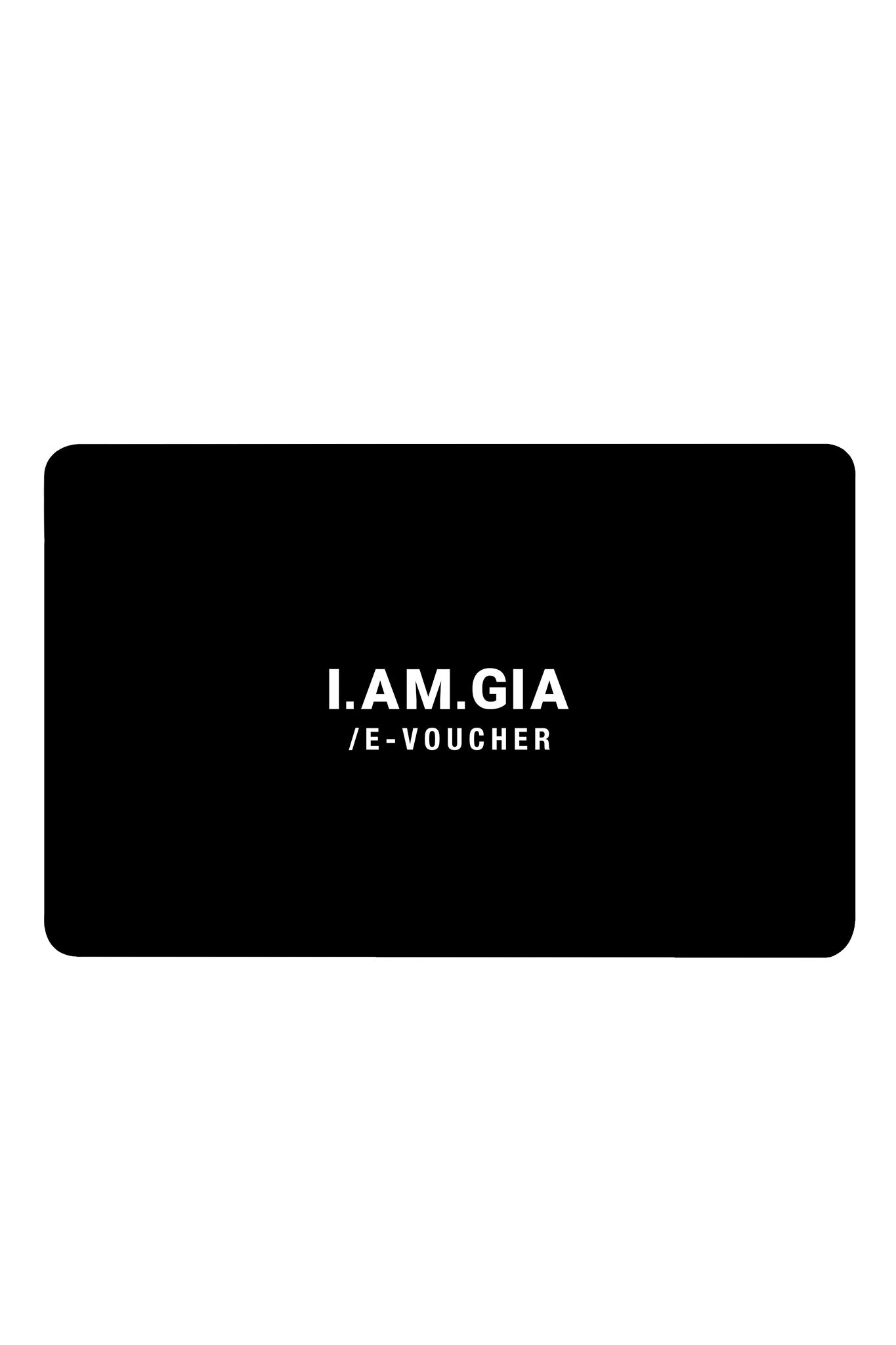 A sleek black rectangular gift card features bold white text in the center that reads, "E-VOUCHER.