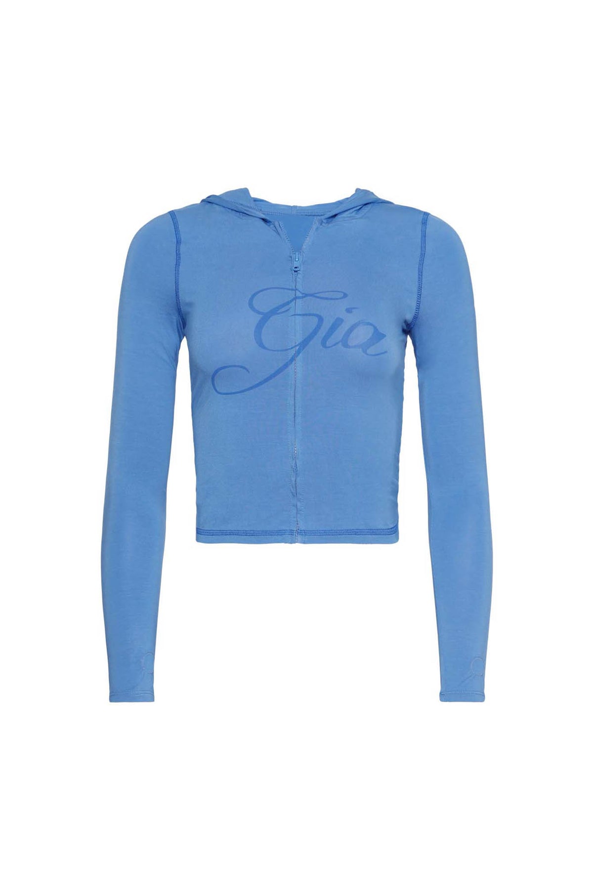 Introducing the Blare Hoodie by I.AM.GIA: a light blue, cropped, long-sleeve zip-up hoodie featuring a matching hood and script lettering on the front that reads "I.AM.GIA" in a slightly darker shade of blue. Made from lightweight material, this stylish hoodie offers both comfort and flair.